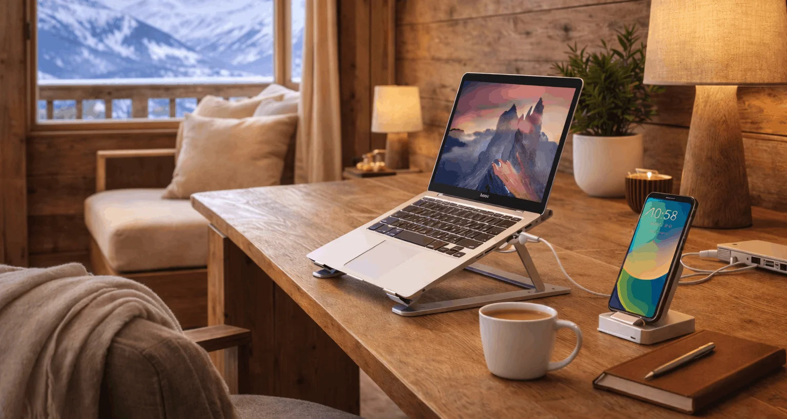 Image de bannière avec un support ordinateur portable ergonomique et un support téléphone ans un chalet en montagne